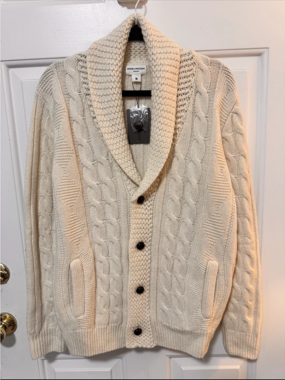 Spier & Mackay Cream Chunky Cable Knit Cardigan Wool Size Medium Men NWT